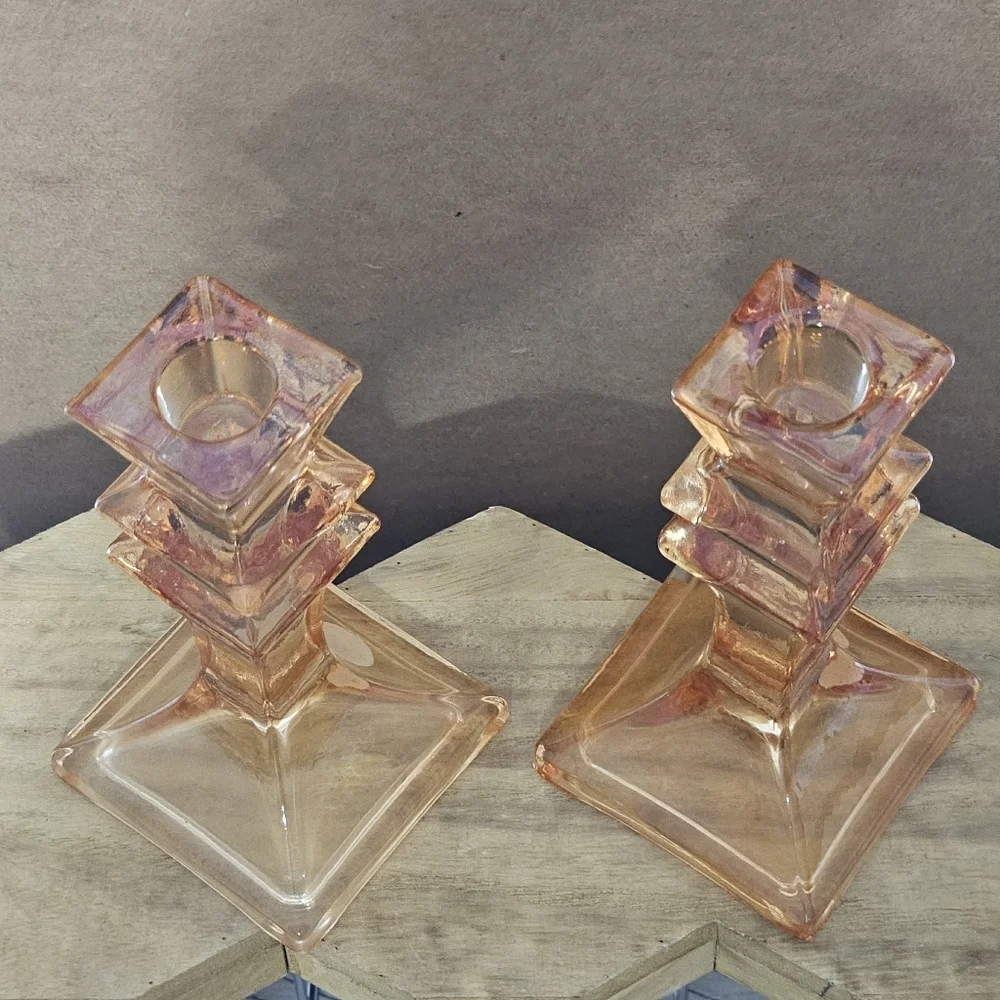 Stunning Franco Creazioni Exclusive Peach/Salmon Glass Candle Holder Set Italy
